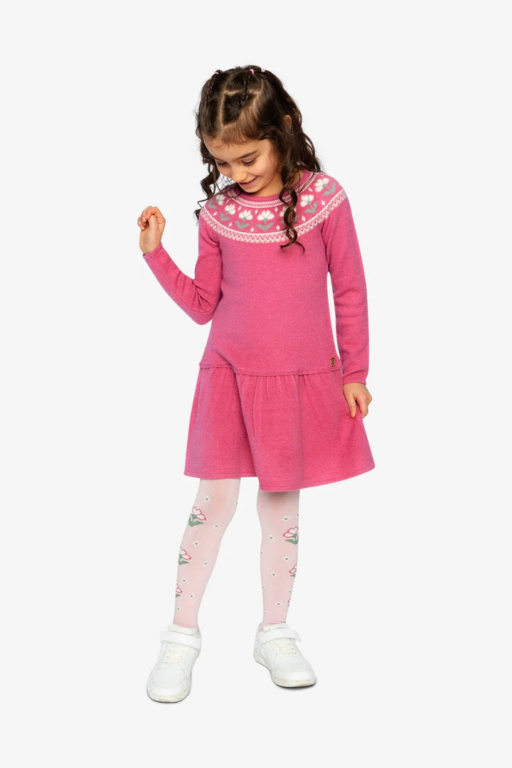Deux Par Deux Knitted Dress with Flower Jacquard - Raspberry Pink