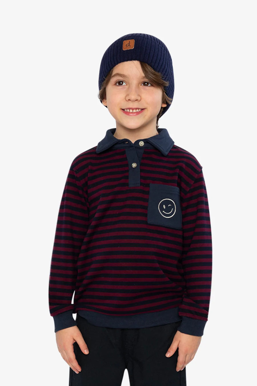 Deux Par Deux Brushed Jersey Top - Navy and Burgandy Stripes