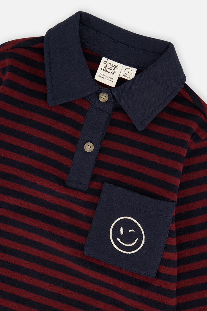 Deux Par Deux Brushed Jersey Top - Navy and Burgandy Stripes