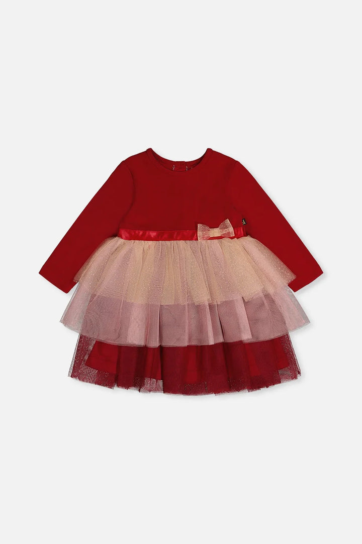 Deux Par Deux Bi-Material Dress with Glittering Skirt - Jester Red