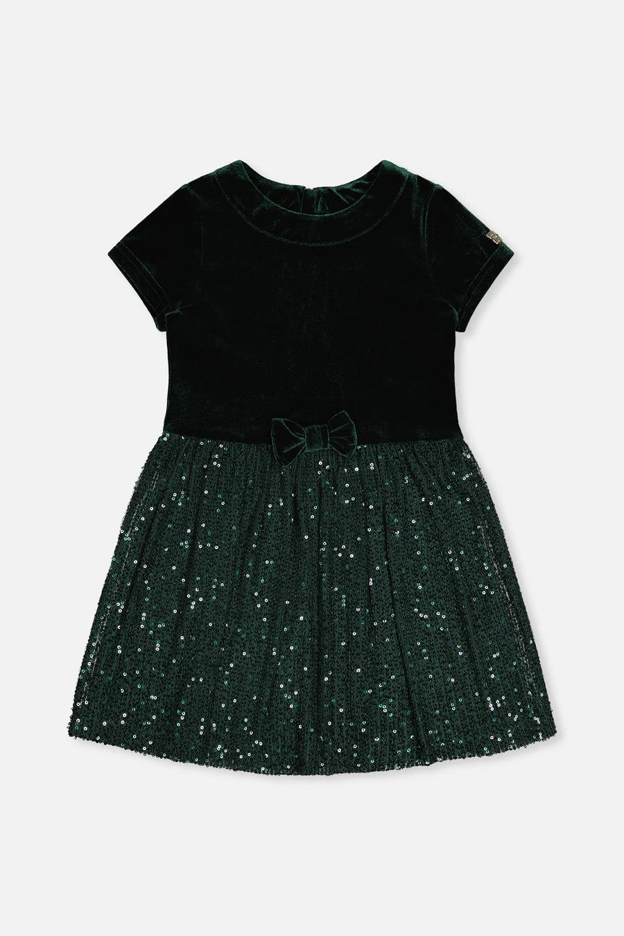 Deux Par Deux Bi-Material Short Sleeve Dress with Glittering Skirt - June Bug Green