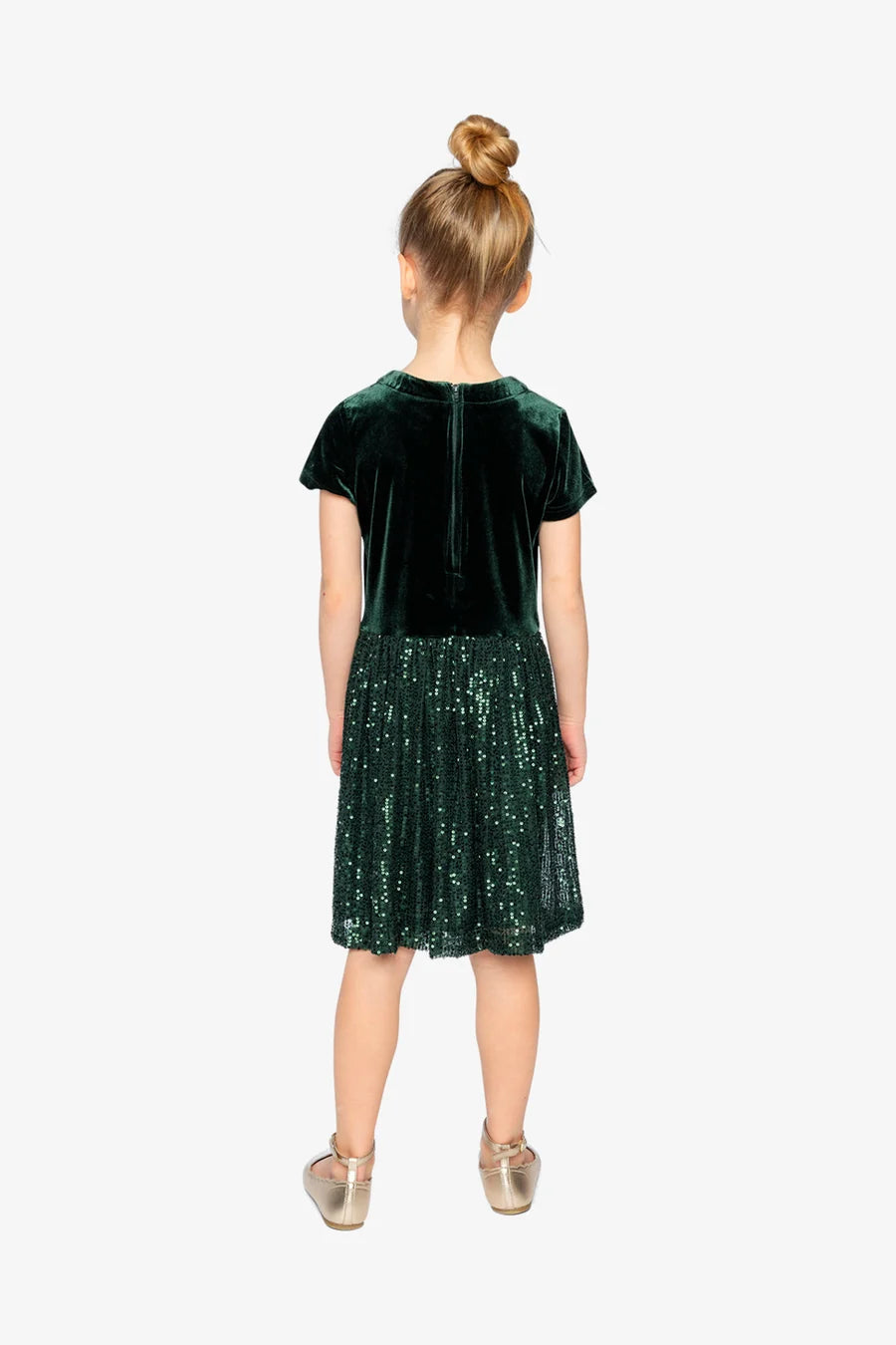 Deux Par Deux Bi-Material Short Sleeve Dress with Glittering Skirt - June Bug Green