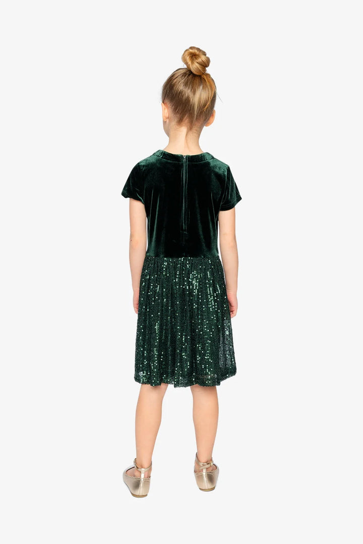 Deux Par Deux Bi-Material Short Sleeve Dress with Glittering Skirt - June Bug Green