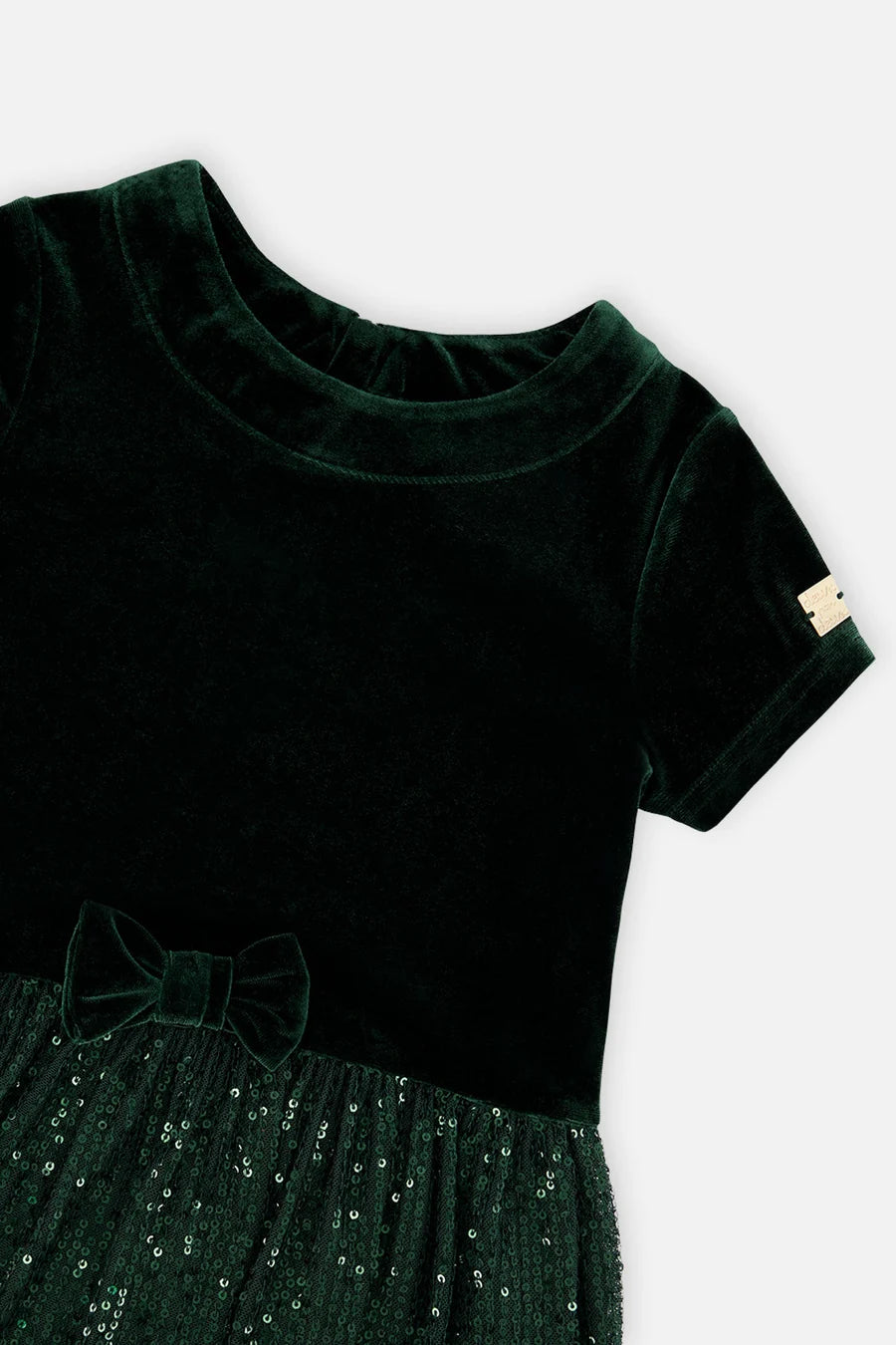 Deux Par Deux Bi-Material Short Sleeve Dress with Glittering Skirt - June Bug Green
