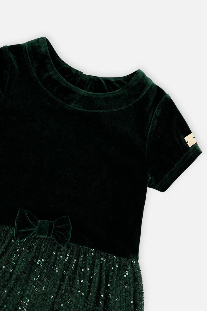 Deux Par Deux Bi-Material Short Sleeve Dress with Glittering Skirt - June Bug Green