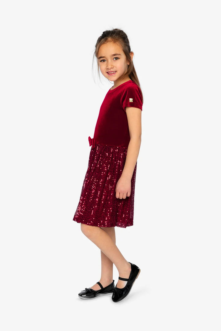 Deux Par Deux Bi-Material Short Sleeve Dress with Glittering Skirt - Rumba Red