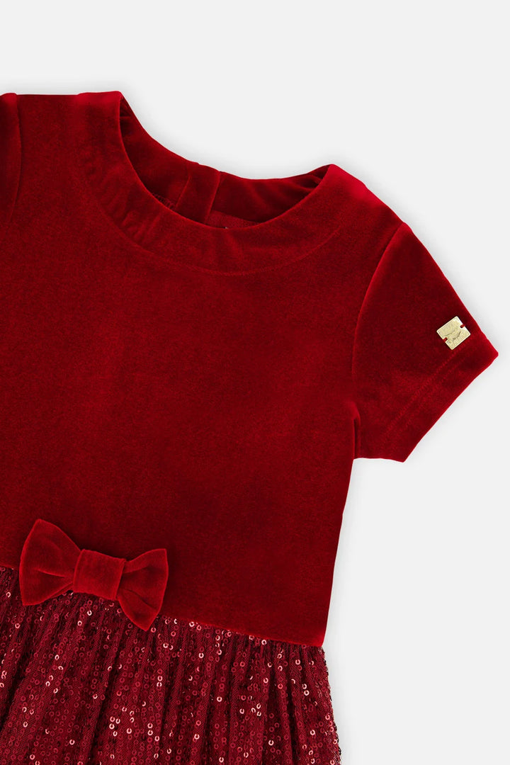 Deux Par Deux Bi-Material Short Sleeve Dress with Glittering Skirt - Rumba Red