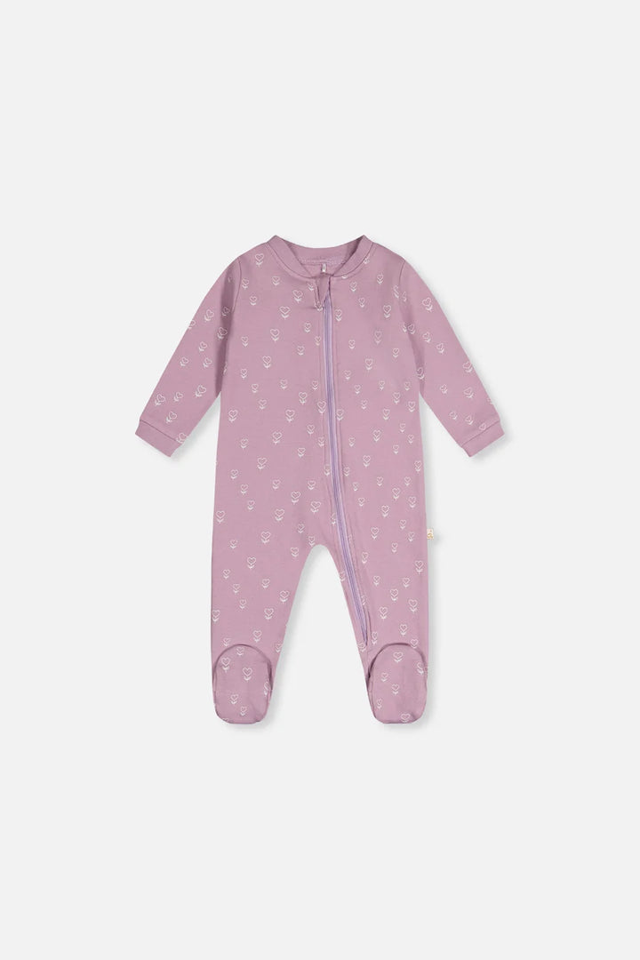 Deux Par Deux Organic Cotton One Piece Footed Pajama - Printed Purple Heart Flowers