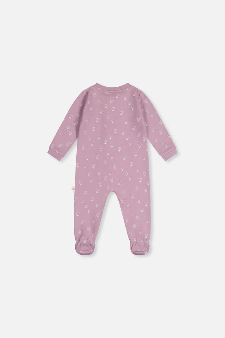Deux Par Deux Organic Cotton One Piece Footed Pajama - Printed Purple Heart Flowers