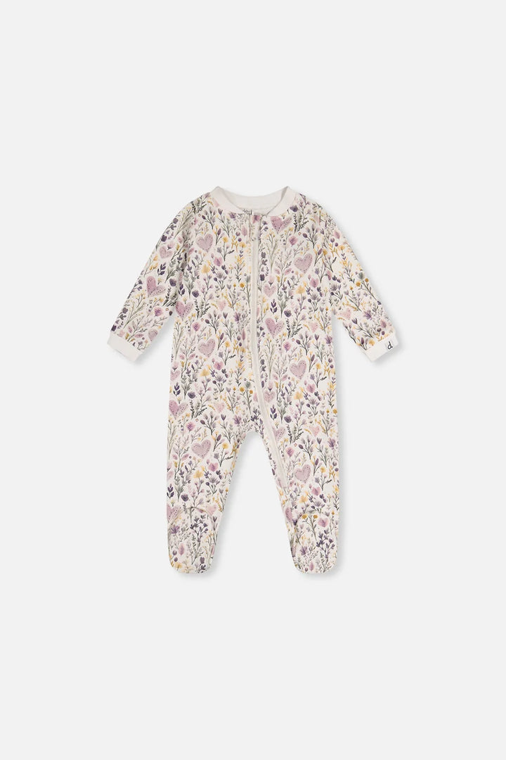 Deux Par Deux Organic Cotton One Piece Footed Pajama - Printed Beige Hearts