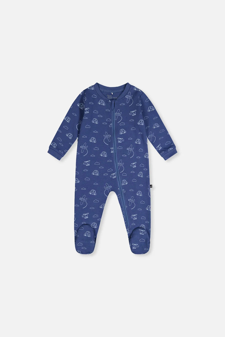 Deux Par Deux Organic Cotton One Piece Footed Pajama - Printed Blue Transport
