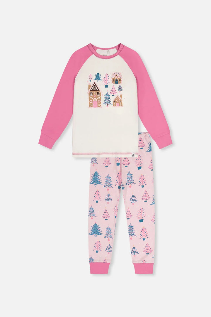 Deux Par Deux Organic Cotton Two Piece Pajama Set - Printed Pink Trees