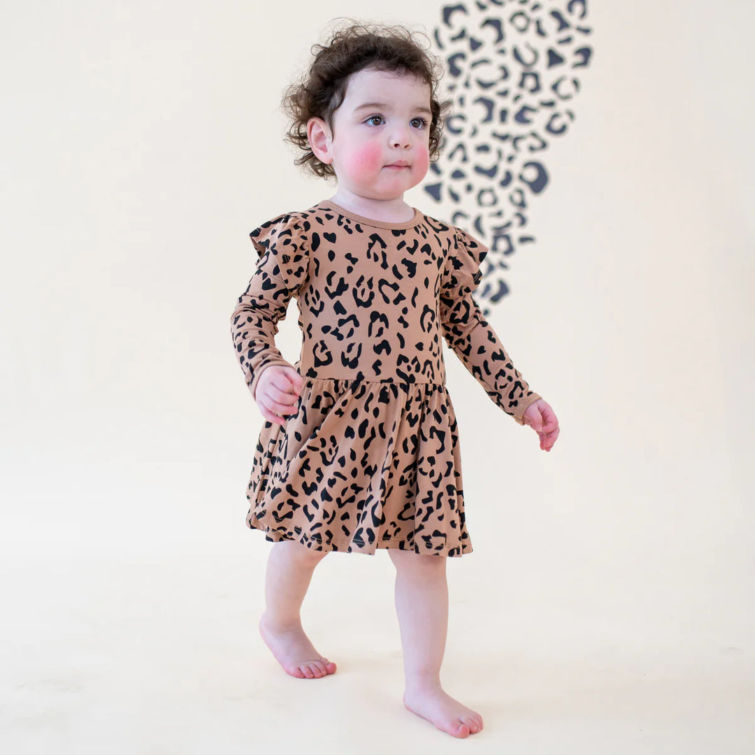 Kyte Baby Long Sleeve Twirl Bodysuit Dress - Latte Leopard