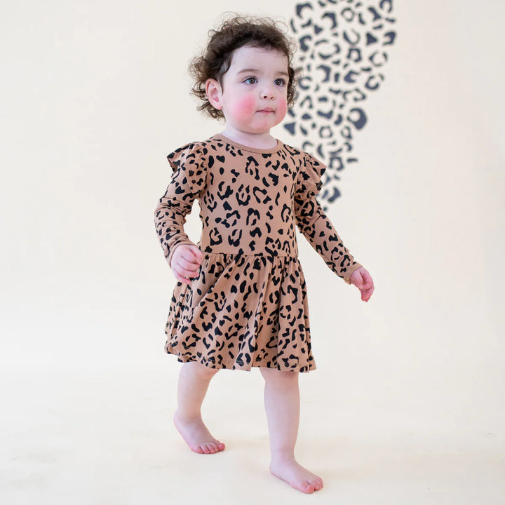 Kyte Baby Long Sleeve Twirl Bodysuit Dress - Latte Leopard
