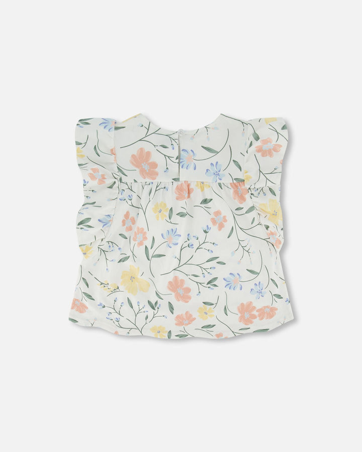 Deux Par Deux Jersey Top With Frill Sleeves - Printed Off White Flowers