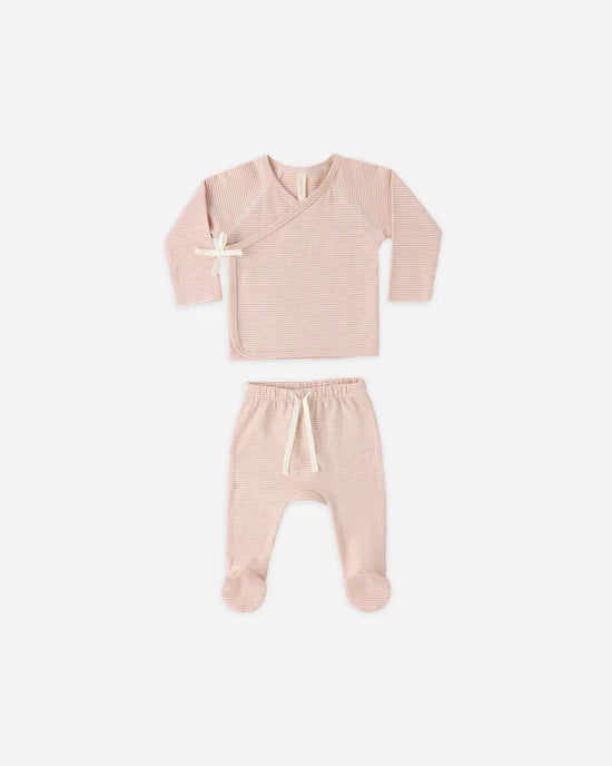 Quincy Mae Wrap Top &amp; Footed Pant Set - Melon Micro Stripes