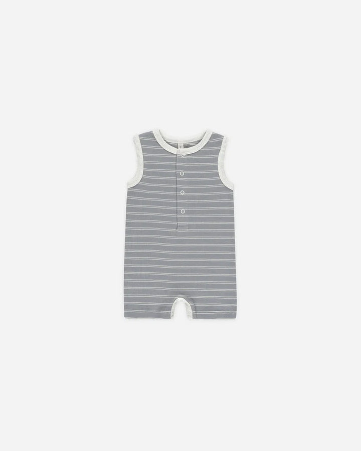 Quincy Mae Ribbed Henley Romper - Blue Pinstripe