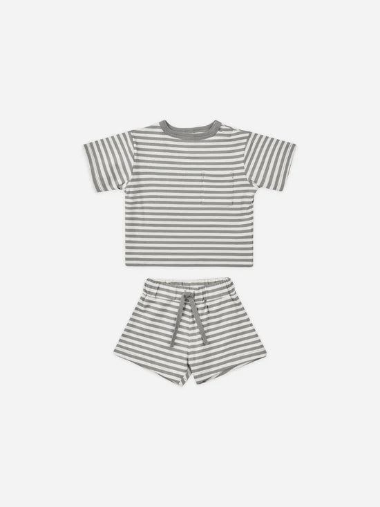 Quincy Mae Boxy Pocket Tee and Short Set - Lagoon Stripe