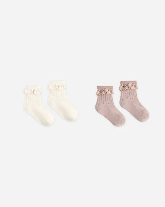 Rylee and Cru Lace Trim Socks 2pk - Rosewood/Natural