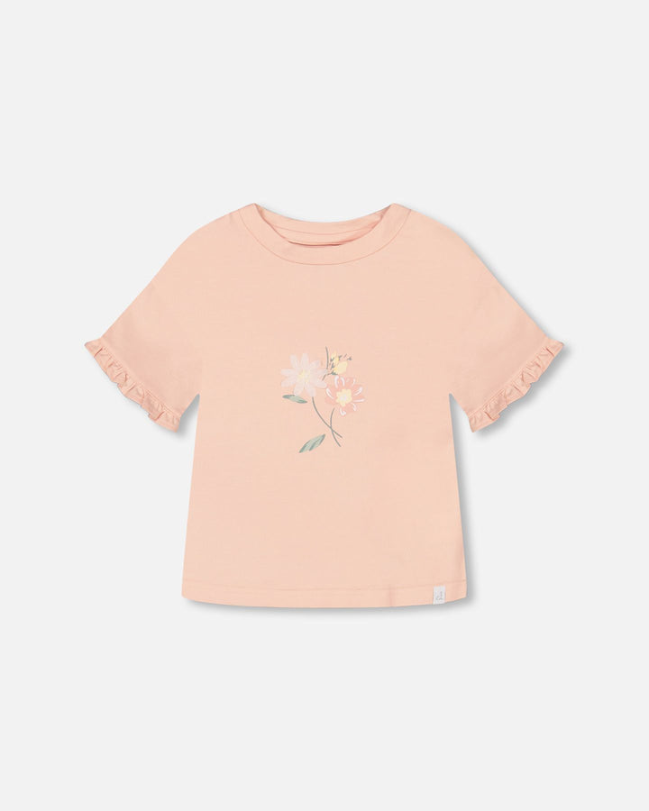 Deux Par Deux Organic Cotton Top With Print And Frills - Blush Pink