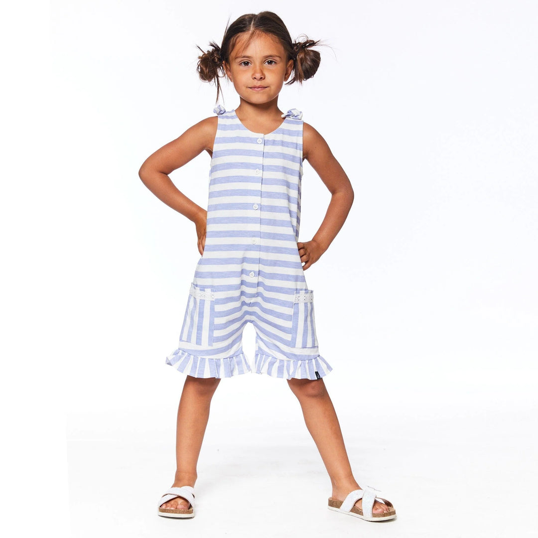 Deux Par Deux Striped Jumpsuit With Frill - Thistle/Off White