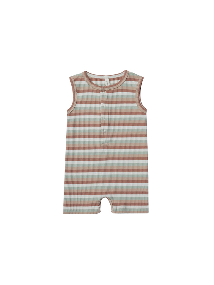 Quincy Mae Ribbed Henley Romper - Summer Stripe