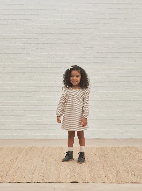 Quincy Mae Long Sleeve Flutter Dress- Cocoa Stripe
